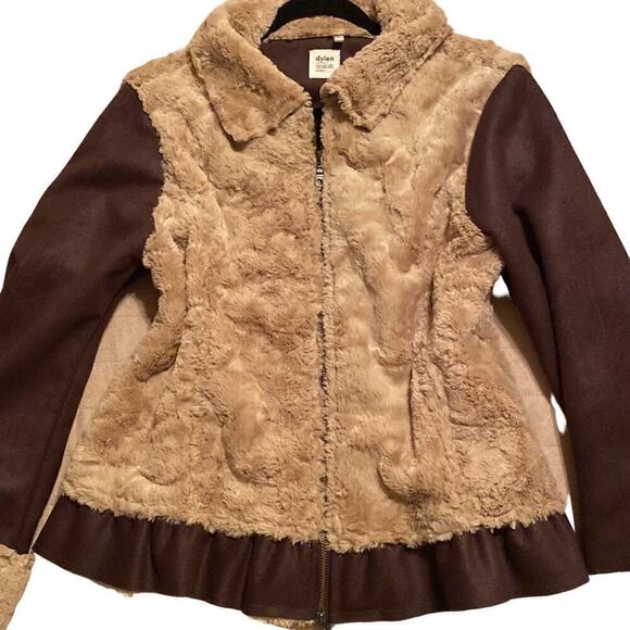 Dylan Women’s Faux Fur Long Sleeve Warm Ruffled Hem Jacket Size Large Brown Tan - Picture 3 of 9